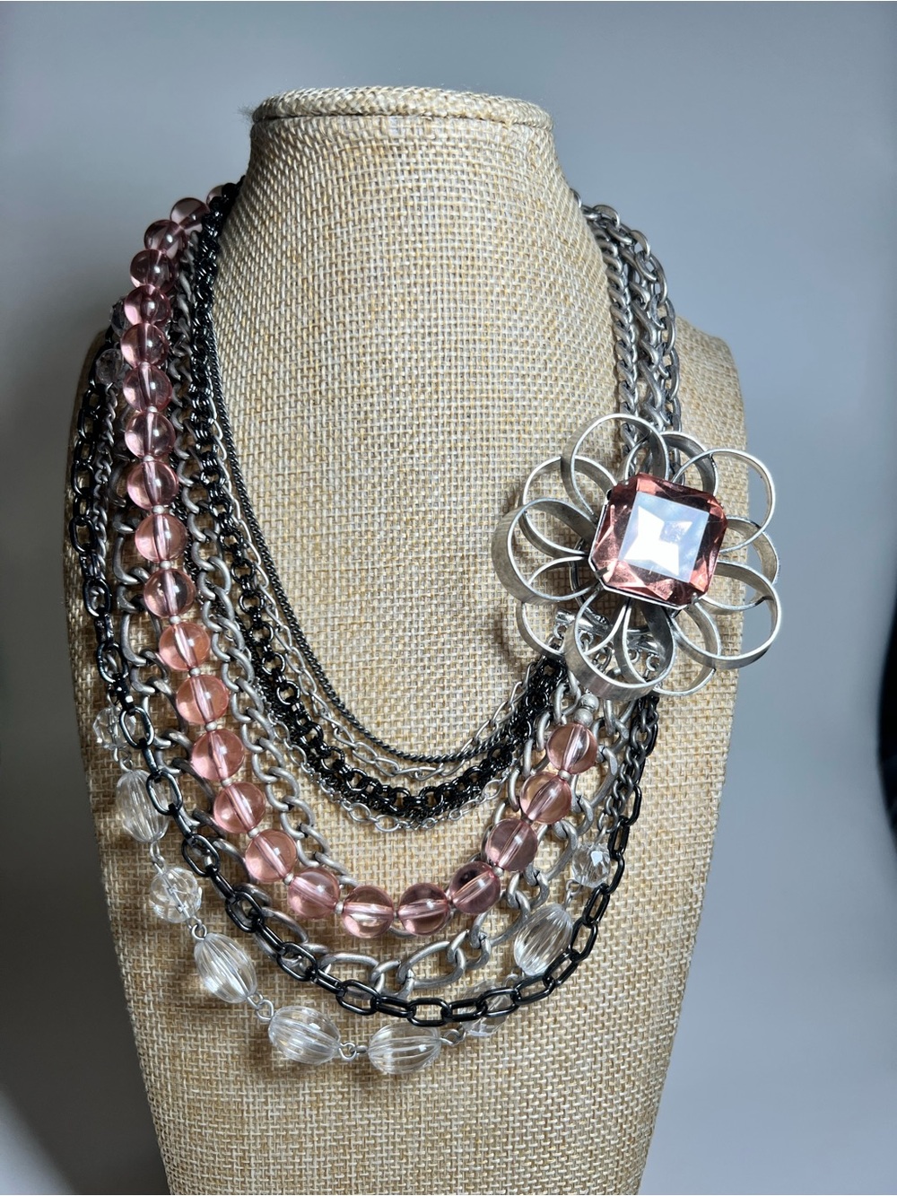 Multi strand flower urban boho layered chunky silver gunmetal pink bib necklace